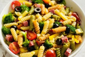 pasta salad with wheat free pasta and veggies