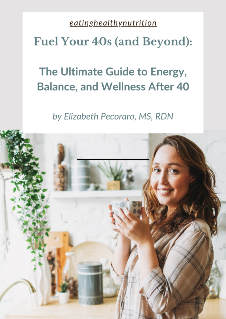 Cover for Fuel your 40s and beyond eworkbook. A picture of a woman drinking tea smiling.