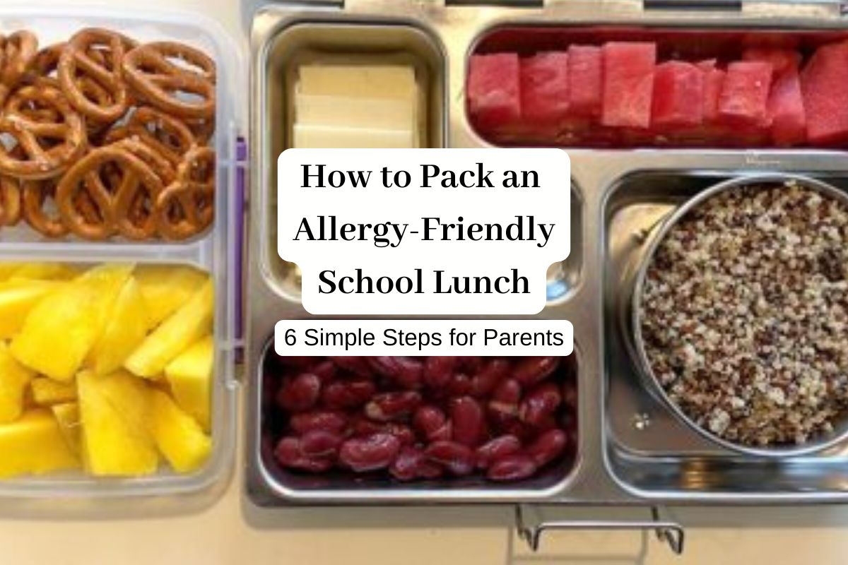 allergy friendly school lunch with quinoa, kidney beans, watermelon, gluten free pretzels, mango and dairy free cheese