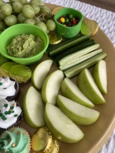 green fruit and vegetable section of allergy friendly St Patrick's Day charcuterie board