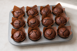freshly baked allergy-friendly chocolate muffins in muffin tin