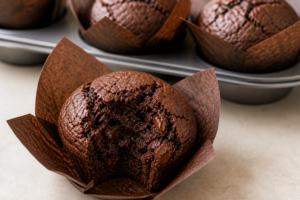 allergy-friendly chocolate muffin with bite showing soft texture