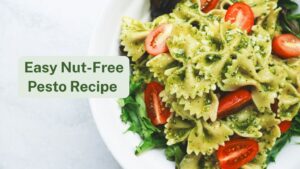 Pasta with nut-free pesto, tomaotoes and spinach