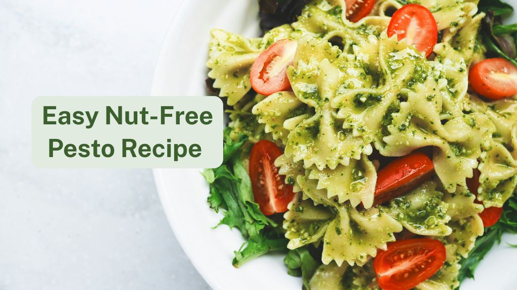 Pasta with nut-free pesto, tomaotoes and spinach