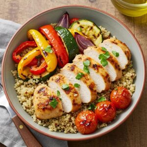 Grilled chicken with quinoa and vegetables as an alpha-gal-friendly meal idea